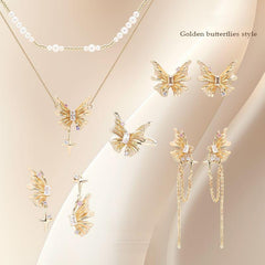 Enchanted Golden Butterfly Jewelry Set - Necklace Earrings Ring with Sparkling Zirconia - Enchanted Design for Women