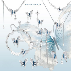 Blue Butterfly Jewelry Set - Necklace, Earrings, Bracelet & Ring with Dreamy Gradient - 925 Sterling Silver Needles & Zirconia