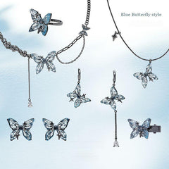 Blue Butterfly Jewelry Set - Necklace, Earrings, Ring & Clip - Copper Resin Zirconia Design