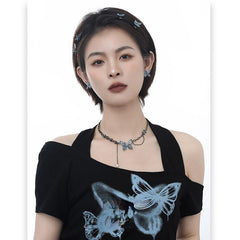 Blue Butterfly Jewelry Set - Necklace, Earrings, Ring & Clip - Copper Resin Zirconia Design