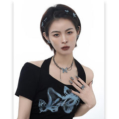 Blue Butterfly Jewelry Set - Necklace, Earrings, Ring & Clip - Copper Resin Zirconia Design