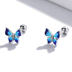 Butterfly Earrings 925 Sterling Silver - Asymmetric Blue Gradient Enamel Dainty Studs