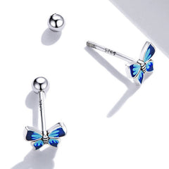 Butterfly Earrings 925 Sterling Silver - Asymmetric Blue Gradient Enamel Dainty Studs
