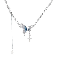 Blue Butterfly Jewelry Set - Necklace, Earrings, Bracelet & Ring with Dreamy Gradient - 925 Sterling Silver Needles & Zirconia