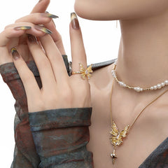 Enchanted Golden Butterfly Jewelry Set - Necklace Earrings Ring with Sparkling Zirconia - Enchanted Design for Women