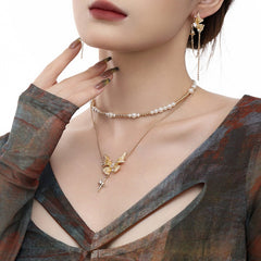 Enchanted Golden Butterfly Jewelry Set - Necklace Earrings Ring with Sparkling Zirconia - Enchanted Design for Women