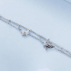 Butterfly Double Layer Bracelet 925 Sterling Silver - Cubic Zirconia Charm Jewelry with White Gold Plating