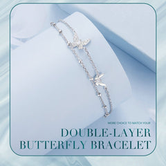Butterfly Double Layer Bracelet 925 Sterling Silver - Cubic Zirconia Charm Jewelry with White Gold Plating
