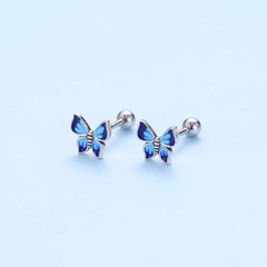 Butterfly Earrings 925 Sterling Silver - Asymmetric Blue Gradient Enamel Dainty Studs