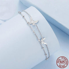 Butterfly Double Layer Bracelet 925 Sterling Silver - Cubic Zirconia Charm Jewelry with White Gold Plating