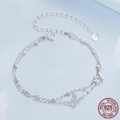 Butterfly Double Layer Bracelet 925 Sterling Silver - Cubic Zirconia Charm Jewelry with White Gold Plating