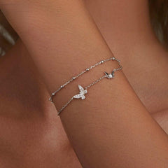 Butterfly Double Layer Bracelet 925 Sterling Silver - Cubic Zirconia Charm Jewelry with White Gold Plating