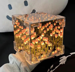 Magic Cube Tulips Flower Table Lamp Handmade and Mirror 2 in 1, Gifts for Women and Girl