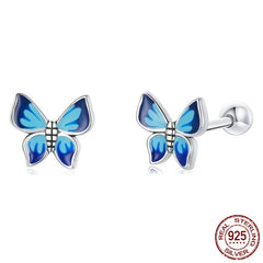 Butterfly Earrings 925 Sterling Silver - Asymmetric Blue Gradient Enamel Dainty Studs