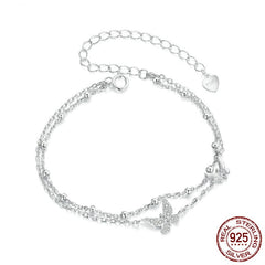 Butterfly Double Layer Bracelet 925 Sterling Silver - Cubic Zirconia Charm Jewelry with White Gold Plating