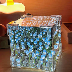 Magic Cube Tulips Flower Table Lamp Handmade and Mirror 2 in 1, Gifts for Women and Girl
