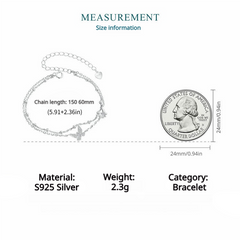 Butterfly Double Layer Bracelet 925 Sterling Silver - Cubic Zirconia Charm Jewelry with White Gold Plating