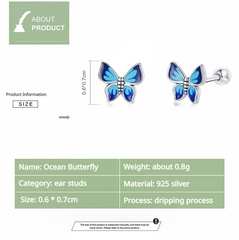 Butterfly Earrings 925 Sterling Silver - Asymmetric Blue Gradient Enamel Dainty Studs