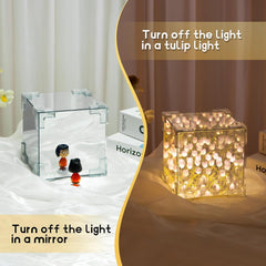 Magic Cube Tulips Flower Table Lamp Handmade and Mirror 2 in 1, Gifts for Women and Girl
